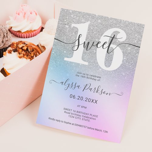 Silver glitter pink blue chic girly Sweet 16 Invitation