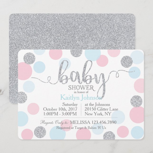 Silver Glitter Pink Blue Scatter Dots Baby Shower Invitation (Front/Back)