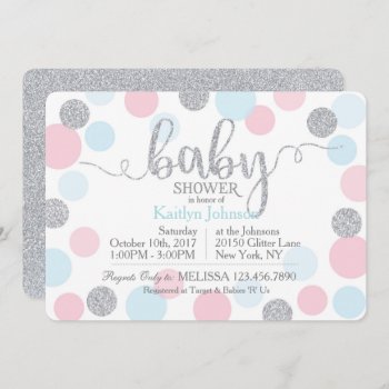 Silver Glitter Pink Blue Scatter Dots Baby Shower Invitation by NouDesigns at Zazzle