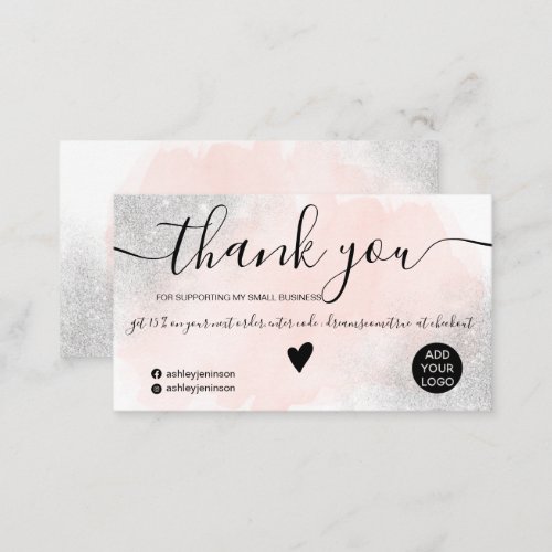Silver glitter pink brushstroke order thank you business card