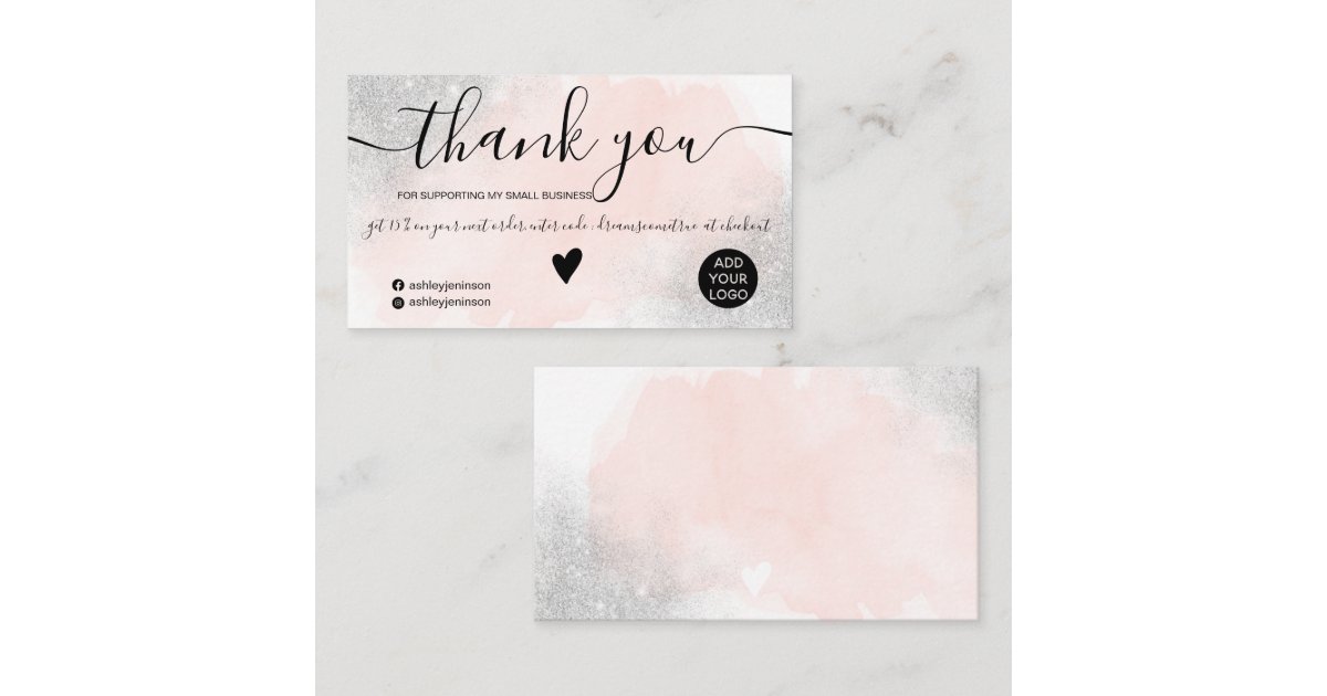 Silver glitter pink brushstroke order thank you business card | Zazzle