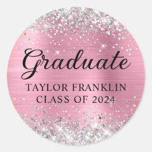 Silver Glitter Pink Class of 2024 Graduate Classic Round Sticker