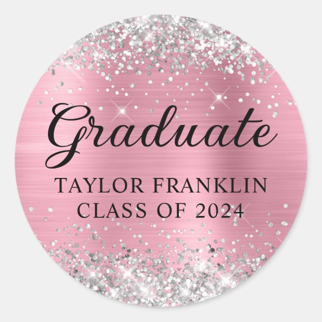 Silver Glitter Pink Class of 2024 Graduate Classic Round Sticker (Front)