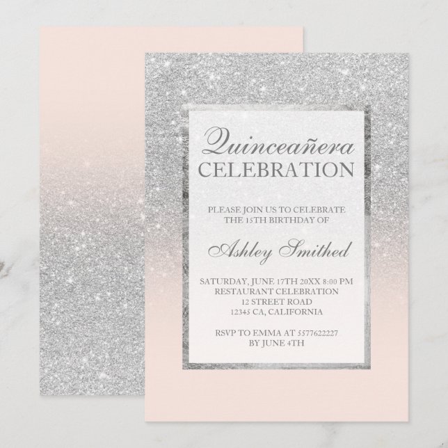 Silver glitter pink elegant chic Quinceañera Invitation (Front/Back)