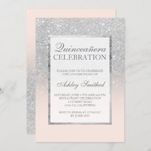 Silver glitter pink elegant chic Quinceaera Invitation
