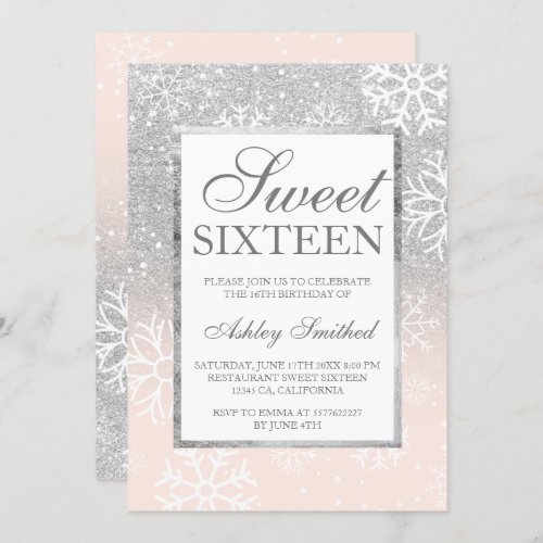 Silver glitter pink elegant chic Sweet 16 snow Invitation