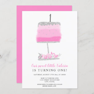 Silver glitter pink floral cake first birthday invitation