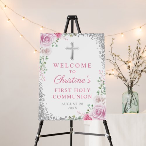 Silver Glitter Pink Floral First Holy Communion Foam Board