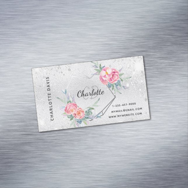 Silver glitter pink floral makeup hair beauty business card magnet (In Situ)