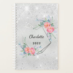 Silver glitter pink florals monogram 2026 planner