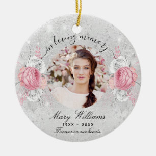 Silver glitter pink florals photo memorial ceramic ornament