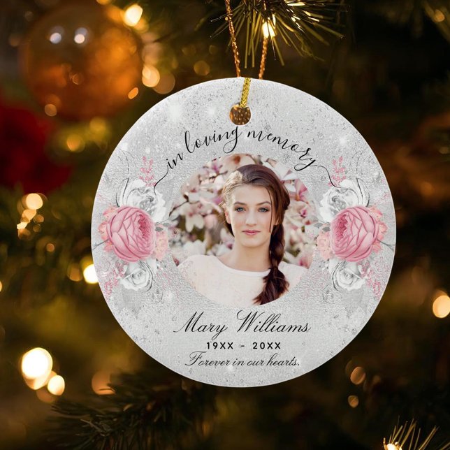 Silver glitter pink florals photo memorial ceramic ornament (Creator Uploaded)
