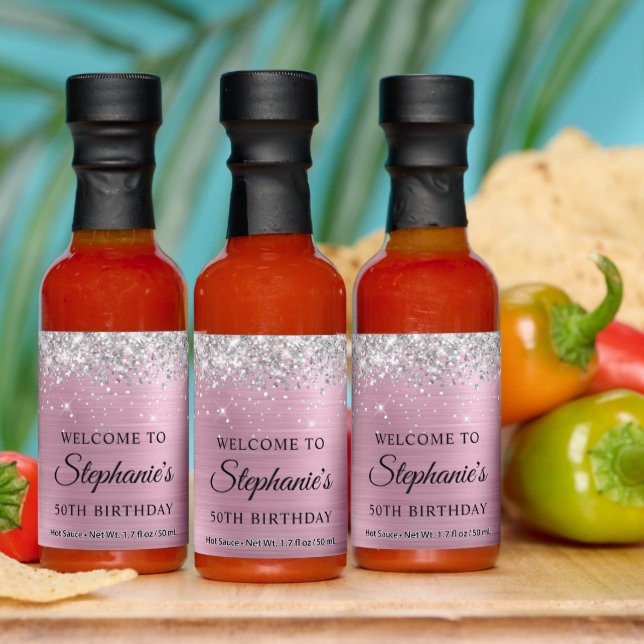 Silver Glitter Pink Foil 50th Birthday Welcome Hot Sauces (Multi)