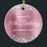 Silver Glitter Pink Foil 70th Birthday Ceramic Ornament<br><div class="desc">Create your own 70th birthday circle ornament for your grandma. Customize the block text and/or calligraphy font style. Change the text for any special or milestone birthday. The digital art background features a faux silver glitter and pretty light pink ombre foil. On the backside, you can add a family photo...</div>