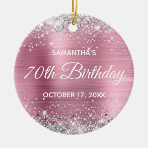 Silver Glitter Pink Foil 70th Birthday Ceramic Ornament