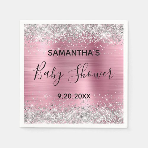 Silver Glitter Pink Foil Baby Shower Napkins