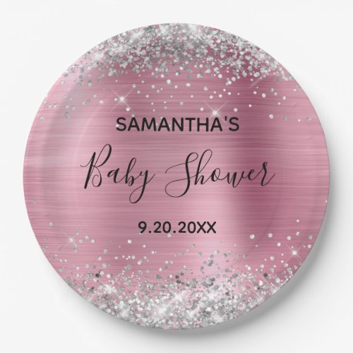 Silver Glitter Pink Foil Baby Shower Paper Plates