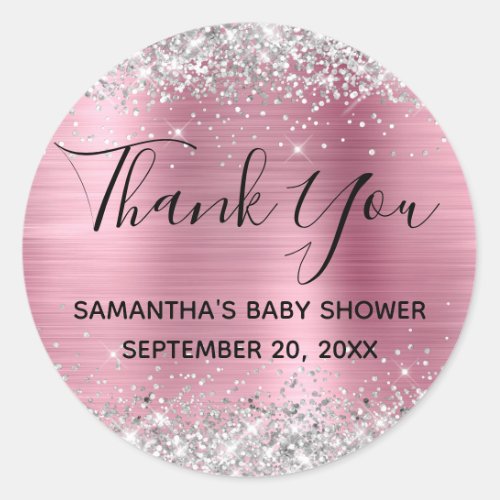 Silver Glitter Pink Foil Baby Shower Thank You Classic Round Sticker