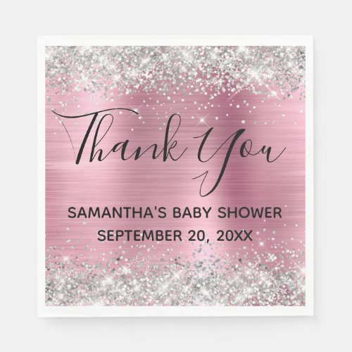 Silver Glitter Pink Foil Baby Shower Thank You Napkins