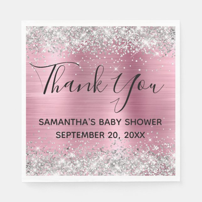 Silver Glitter Pink Foil Baby Shower Thank You Napkins (Front)