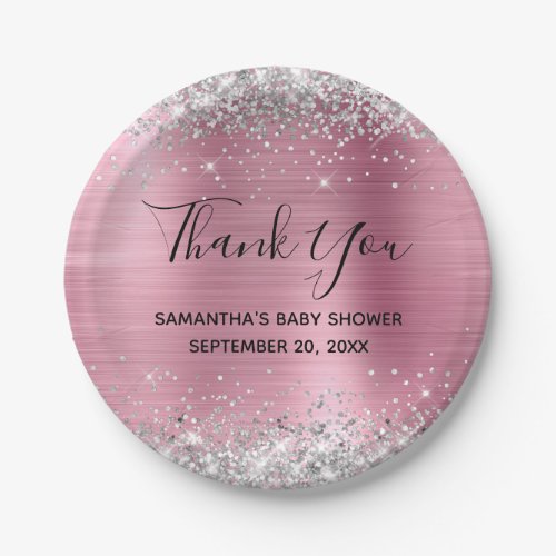 Silver Glitter Pink Foil Baby Shower Thank You Paper Plates