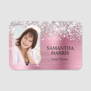 Silver Glitter Pink Foil Brushstroke Photo Name Tag
