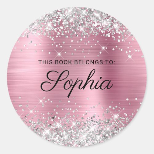 Silver Glitter Pink Foil Elegant Calligraphy Book Classic Round Sticker