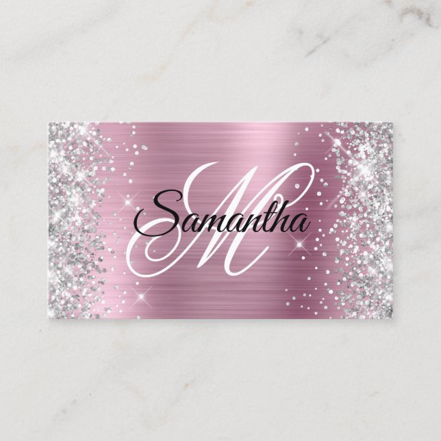 Silver Glitter Pink Foil Fancy Monogram Business Card (Front)