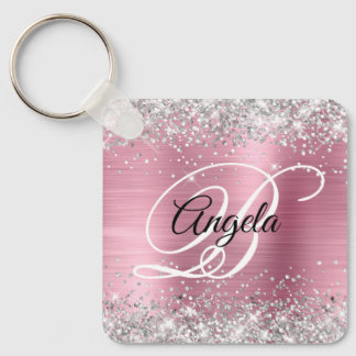Silver Glitter Pink Foil Fancy Monogram Keychain