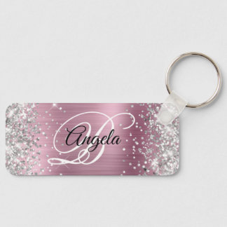 Silver Glitter Pink Foil Fancy Monogram Keychain
