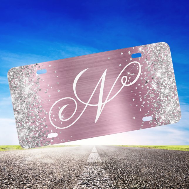 Silver Glitter Pink Foil Fancy Monogram License Plate (Silver Glitter Light Pink Monogrammed Decorative License Plate)