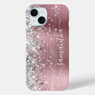 Silver Glitter Pink Foil Modern Girly Signature iPhone 15 Case