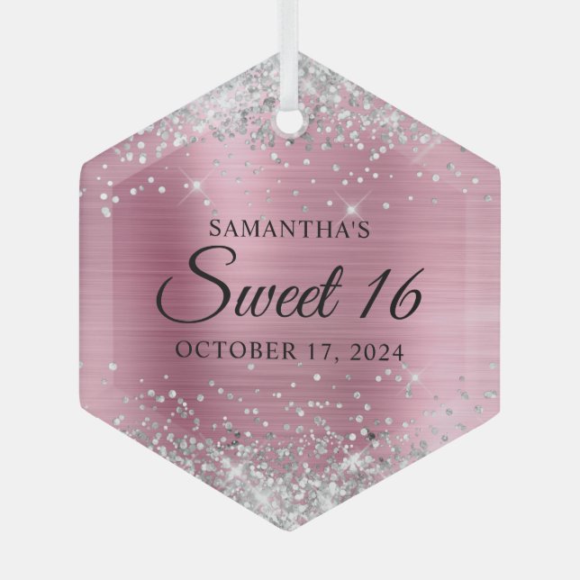 Silver Glitter Pink Foil Sweet 16 Glass Ornament (Front)