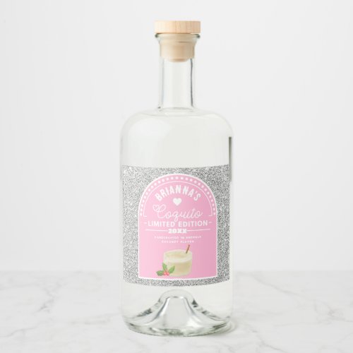 Silver Glitter Pink Girl Coquito Bottle Label Set