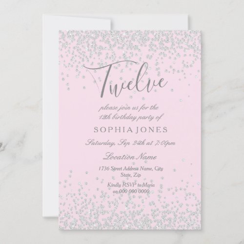 Silver Glitter Pink Girls 12th Birthday Party Invitation