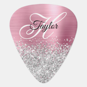 Silver Glitter Pink Glam Fancy Monogram Guitar Pick