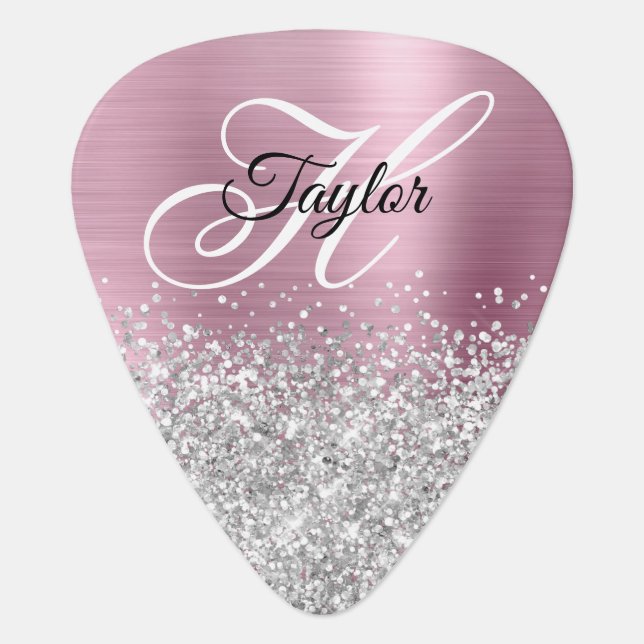 Silver Glitter Pink Glam Fancy Monogram Guitar Pick (Front)