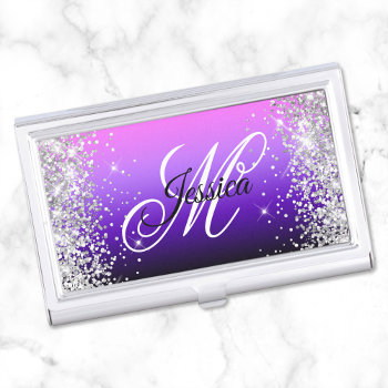 Silver Glitter Pink Indigo Gradient Fancy Monogram Business Card Case by annaleeblysse at Zazzle
