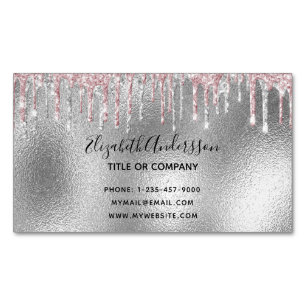 Silver glitter pink metallic elegant modern business card magnet