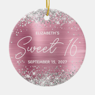 Silver Glitter Pink Modern Fancy Sweet 16 Photo Ceramic Ornament