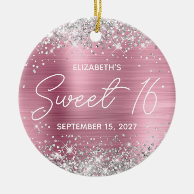 Silver Glitter Pink Modern Fancy Sweet 16 Photo Ceramic Ornament (Front)