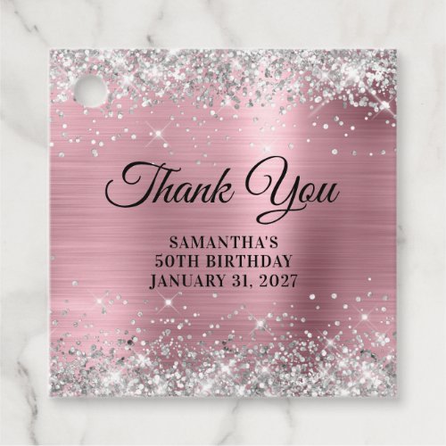 Silver Glitter Pink Monogram Birthday Thank You Favor Tags