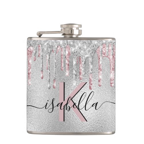 Silver glitter pink monogram sparkle script flask