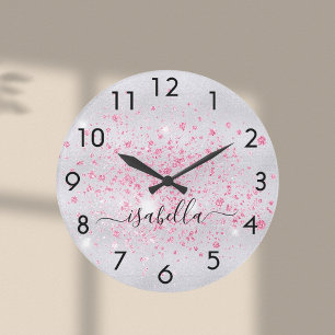 Silver glitter pink name script large clock