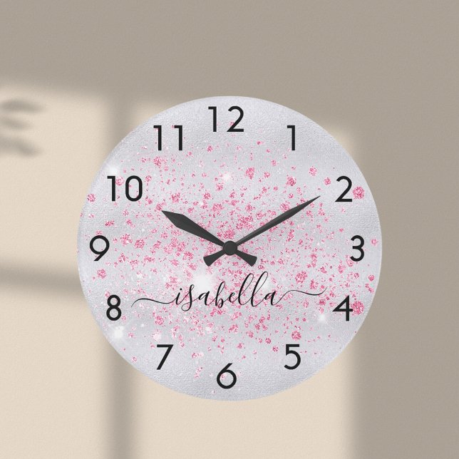 Silver glitter pink name script large clock (Creator Uploaded)