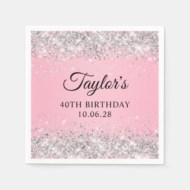 Silver Glitter Pink Ombre 40th Birthday Napkins (Front)