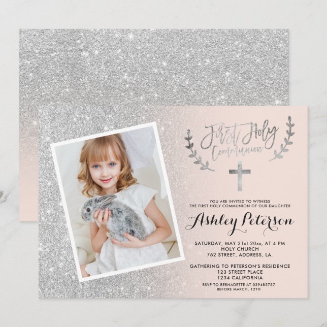 Silver glitter pink ombre first communion photo invitation (Front/Back)