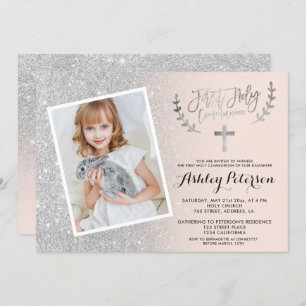 Silver glitter pink ombre first communion photo invitation