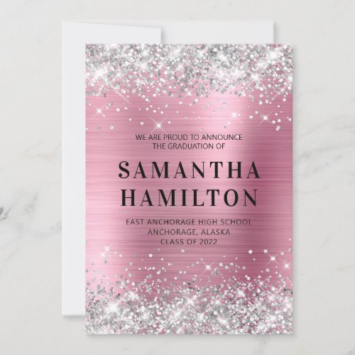 Silver Glitter Pink Ombre Foil Graduation Announcement