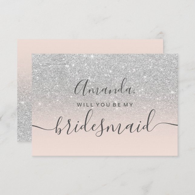 Silver glitter pink ombre script my bridesmaid invitation (Front/Back)